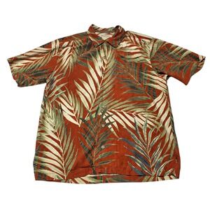 Tommy Bahama Shirt Mens Large Orange Silk Palm Leaf Hawaiian Camp Button Up
